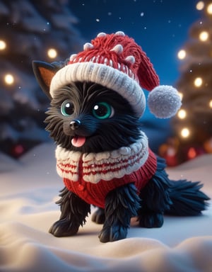 a detailed view photo of a chibi Santa Claus black wolf dog made of knitting,looking_at_viewer,Tongue out,((isolated on a plain night background)),hyper detailed, trending on artstation, sharp focus, studio photo,8K,masterpiece,best quality,high resolution,aesthetic portrait,ral-chrcrts,christmas,sweetscape,
