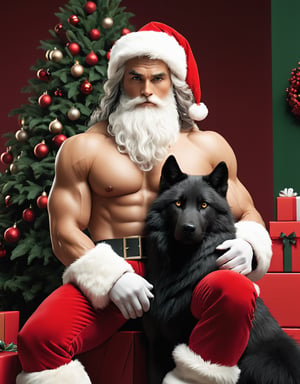 (((very long hair man :1.8,Long hair covering nipples,))),((a detailed view photo of a muscular Santa Claus  man and a cute black wolf dog,topless:2.8,long hair,christmas tree background,giftboxes on the floor,indoor)), hyper detailed, trending on artstation, sharp focus, studio photo,8K,masterpiece,best quality,high resolution,aesthetic portrait,christmas,sweetscape,Stylish,Movie Still,