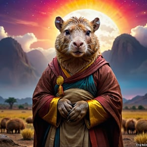 A capybara who is a Chinese monk in the plain,capybaras,night,colorful sky,Holy light behind,digital painting,front view, artstation, concept art, Craig Mullins, Breathtaking, 8k resolution, extremely detailed, beautiful, establishing shot, artistic, hyperrealistic, octane render, cinematic lighting, dramatic lighting, masterpiece, light brazen, extremely detailed and beautiful face