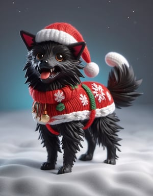 a detailed view photo of a chibi Santa Claus black wolf dog made of knitting,Tongue out,((isolated on a plain night background)),hyper detailed, trending on artstation, sharp focus, studio photo,8K,masterpiece,best quality,high resolution,aesthetic portrait,ral-chrcrts,christmas,sweetscape