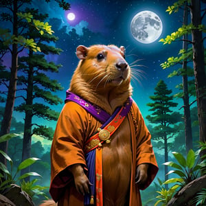 A capybara who is a Chinese monk in the forest,capybaras, moon night,colorful sky,digital painting, artstation, concept art, Craig Mullins, Breathtaking, 8k resolution, extremely detailed, beautiful, establishing shot, artistic, hyperrealistic, octane render, cinematic lighting, dramatic lighting, masterpiece, light brazen, extremely detailed and beautiful face