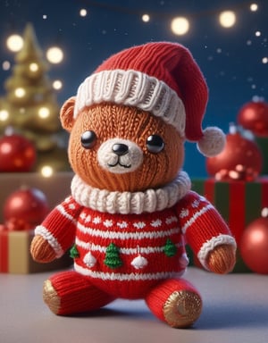 a detailed view photo of a chibi Santa Claus bear made of knitting,((isolated on a plain night background)),hyper detailed, trending on artstation, sharp focus, studio photo,8K,masterpiece,best quality,high resolution,aesthetic portrait,ral-chrcrts,christmas,sweetscape