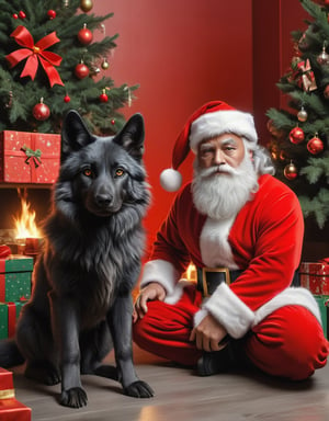 1dog,1rabbit,a detailed view photo of a cute Santa Claus black wolf dog and a Santa Claus grey rabbit ,((dog looking at viewer,christmas tree background,giftboxes on the floor,indoor)), hyper detailed, trending on artstation, sharp focus, studio photo,8K,masterpiece,best quality,high resolution,aesthetic portrait,ral-chrcrts,christmas,sweetscape,