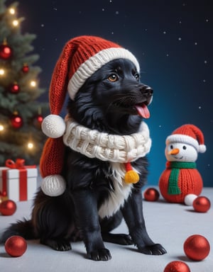 a detailed view photo of a chibi Santa Claus black wolf dog made of knitting,Tongue out,((dog looking at viewer,isolated on a plain night background)),snowman on the floor, hyper detailed, trending on artstation, sharp focus, studio photo,8K,masterpiece,best quality,high resolution,aesthetic portrait,ral-chrcrts,christmas,sweetscape