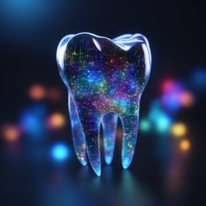 holography,(((tooth made of glass))) ,transparent,Three-dimensional,light,SF,Digitalアート,Digital,scientific,dark background:electronic, blue neon ,3D,masterpiece,Digital空間,energy,beautiful,最高masterpiece,8K,科学のlight,be familiar with,Bright colors,nice,beautiful,rich colors,beautifullightのライン.magic effect,Sparkling,beautifullightの粒