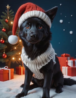 a detailed view photo of a cute Santa Claus black wolf dog made of knitting,Tongue out,((dog looking at viewer,isolated on a plain night background)),snowman on the floor, hyper detailed, trending on artstation, sharp focus, studio photo,8K,masterpiece,best quality,high resolution,aesthetic portrait,ral-chrcrts,christmas,sweetscape