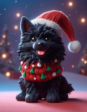 a detailed view photo of a chibi Santa Claus black wolf dog made of knitting,Tongue out,((isolated on a plain night background)),hyper detailed, trending on artstation, sharp focus, studio photo,8K,masterpiece,best quality,high resolution,aesthetic portrait,ral-chrcrts,christmas,sweetscape