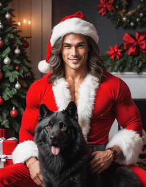 ((very long hair man,a detailed view photo of a handsome Santa Claus muscular man and a cute black wolf dog,topless:1.8,long hair,christmas tree background,giftboxes on the floor,indoor)), hyper detailed, trending on artstation, sharp focus, studio photo,8K,masterpiece,best quality,high resolution,aesthetic portrait,christmas,sweetscape,Stylish,Movie Still,chibi smile dog,sexy man,happy_face,dog Tongue out,Long hair covering nipples,white fur bracelet,santa hat_dog,santa hat_man