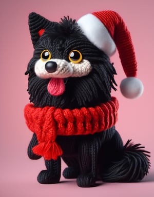 a detailed view photo of a chibi Santa Claus black wolf dog made of knitting,Tongue out,((isolated on a plain night background)),hyper detailed, trending on artstation, sharp focus, studio photo,8K,masterpiece,best quality,high resolution,aesthetic portrait,ral-chrcrts,christmas,sweetscape