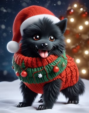 a detailed view photo of a chibi Santa Claus black wolf dog made of knitting,Tongue out,((isolated on a plain night background)),hyper detailed, trending on artstation, sharp focus, studio photo,8K,masterpiece,best quality,high resolution,aesthetic portrait,ral-chrcrts,christmas,sweetscape