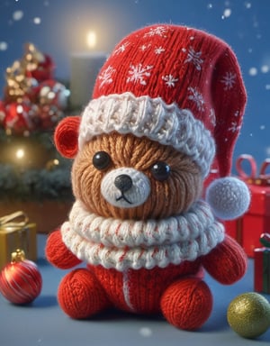 a detailed view photo of a cute Santa Claus bear made of knitting,((isolated on a plain night background)),hyper detailed, trending on artstation, sharp focus, studio photo,8K,masterpiece,best quality,high resolution,aesthetic portrait,ral-chrcrts,christmas,sweetscape