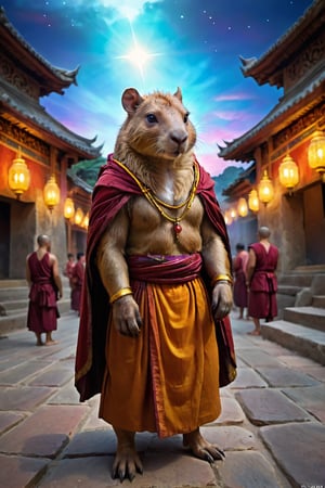 A capybara who is a monk in the temple,night,colorful sky,holy light behind the head,full_body, peaceful expression, 
digital painting,front view, artstation, concept art, Breathtaking, 8k resolution, extremely detailed, beautiful, establishing shot, artistic, hyperrealistic, octane render, cinematic lighting, dramatic lighting, masterpiece, light brazen, extremely detailed and beautiful face,more detail XL