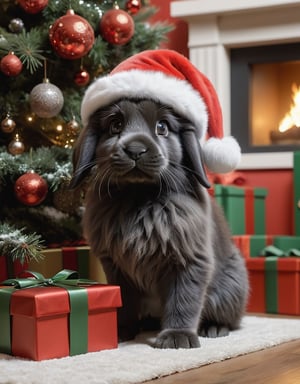 1dog,1rabbit,a detailed view photo of a cute Santa Claus black wolf dog and a Santa Claus grey rabbit ,((lop-eared rabbit,dog looking at viewer,christmas tree background,giftboxes on the floor,indoor)), hyper detailed, trending on artstation, sharp focus, studio photo,8K,masterpiece,best quality,high resolution,aesthetic portrait,ral-chrcrts,christmas,sweetscape,stuffed_rabbit,bunny_rabbit