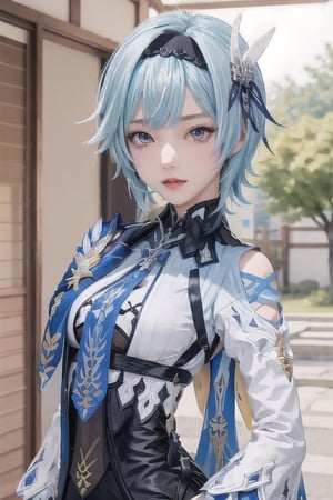 Euladef from genshin impact,  16 years old, blue hair,  short hair,  hair band,  cute face,  yellow eyes,  korean girl,  red lipstick,  small breasts,  sexy,  blue necktie,  transparent shirt,  no bra,  nipples