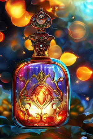 a rainbow rectangular potion with intricate gold adornment, sparkle, glow blur background, decorated placement
