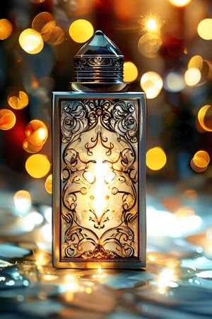 a silver rectangular potion with intricate gold adornment, sparkle, glow blur background, decorated placement
