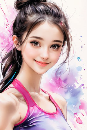 ek_art_b00ster, a pencil sketch of 1girl in pastel art blended with alcohol ink style, dark long hair, chignon, kind smile, a mesmerizing beautiful face, rhythmic gymnastics uniform, unreal engine rendering, masterpiece, best quality, half body