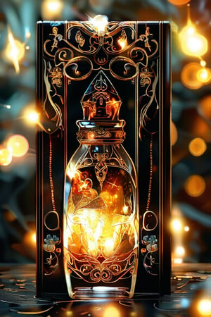 a black rectangular potion with intricate gold adornment, sparkle, glow blur background, decorated placement
