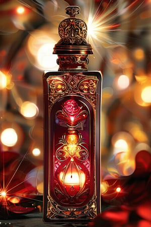 a burgundy rectangular potion with intricate gold adornment, sparkle, glow blur background, decorated placement
