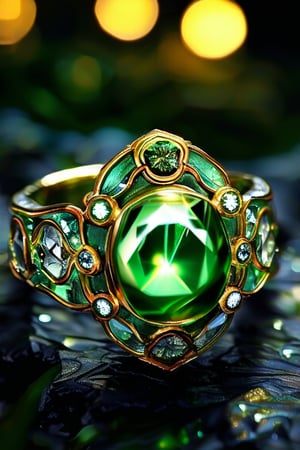 a Green Lantern's green glowing diamond ring with intricate gold adornment and has many details that adorn and embellish the ring, sparkle, glow, blur background, decorated placement
