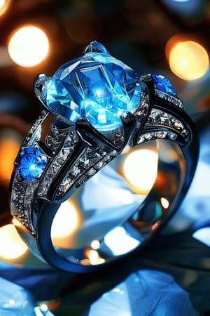 a blue glowing diamond ring with intricate silver adornment and has many details that adorn and embellish the ring, sparkle, glow, blur background, decorated placement
