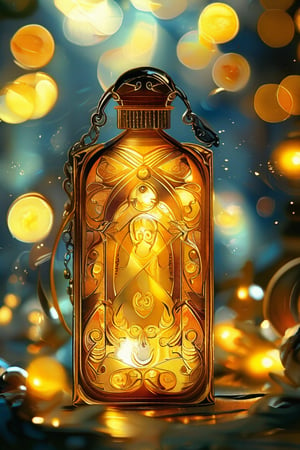 a yellow rectangular potion with intricate gold adornment, sparkle, glow blur background, decorated placement
