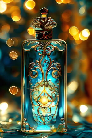 a teal rectangular potion with intricate gold adornment, sparkle, glow blur background, decorated placement
