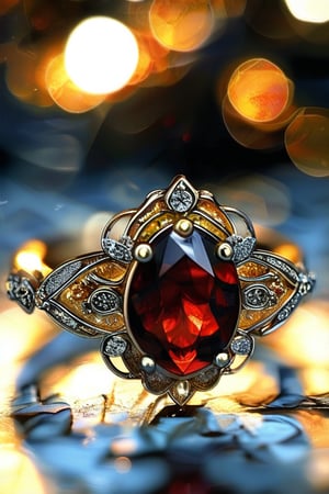 a ruby ring with intricate gold adornment and has many details that adorn and embellish the ring, sparkle, glow blur background, decorated placement
