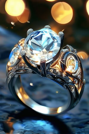 a Elden Ring glowing diamond ring with intricate silver adornment and has many details that adorn and embellish the ring, sparkle, glow, blur background, decorated placement
