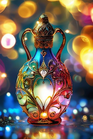 a rainbow color potion with intricate gold adornment, sparkle, glow blur background, decorated placement
