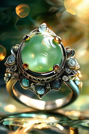 a jade ring with intricate silver adornment and has many details that adorn and embellish the ring, sparkle, glow, blur background, decorated placement
