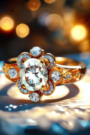 a white glowing diamond ring with intricate gold adornment and has many details that adorn and embellish the ring, sparkle, glow, blur background, decorated placement
