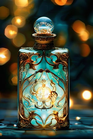 a turquoise rectangular potion with intricate gold adornment, sparkle, glow blur background, decorated placement
