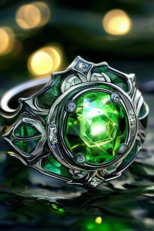 a Green Lantern's green glowing diamond ring with intricate silver adornment and has many details that adorn and embellish the ring, sparkle, glow, blur background, decorated placement
