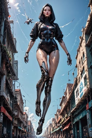 score_9, score_8_up, score_7_up, score_6_up, source_realistic, hyper-realistic details, extrem photorealism, high quality v3;

 ((cyborg and mechanic elements));

main character: "cyborg1";

scenery: ((( wide angle, front view, cyborg1 in T-pose flying over a city )));

cyborg1 body:
((( 2,5 meter tall, elongated female cyborg with cyborg bald head and uncovered feminine face ))),
visible joints,
well-toned and trained female body,
barefoot,
visible mechanical feet and toes, no shoes, no heels,
tiny breasts,
slim narrow shoulders,
slim narrow hip pelvis,
slim narrow legs,
slim thighs,
slim waist,
longer neck,
long arms,
long legs,
small butt,
tiny butt,
flat_butt;

cyborg1 body colors:  wine_red-metallic bodysuit with gold accents, reflecting and mirroring surface, with a front opened hooded bolero, head under the hood;