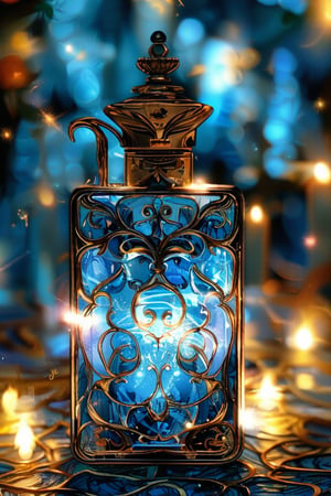 a blue rectangular potion with intricate gold adornment, sparkle, glow blur background, decorated placement
