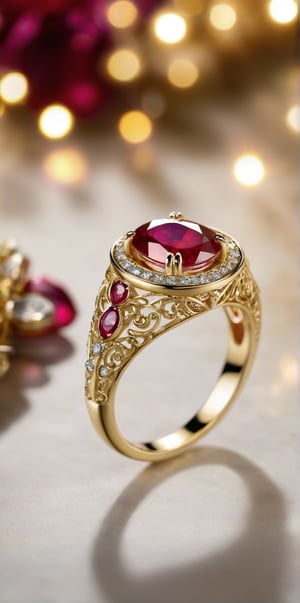 Imagine the following scene:

a ruby ring with intricate gold adornment and has many details that adorn and embellish the ring, sparkle, glow blur background, decorated placement

(photorealistic), masterpiece: 1.5, beautiful lighting, best quality, beautiful lighting, realistic and natural image, intricate details, everything in focus, perfect focus, photography, masterpiece, small nuances, Supreme Resolution, 32K, ultra-sharp quality and details.