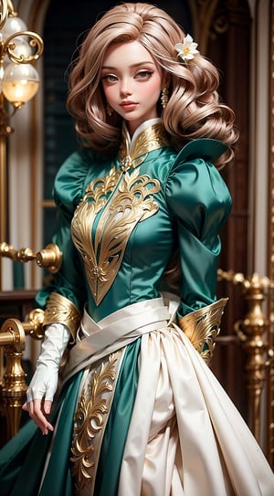 The task is to annotate the image by describing its content using natural language. The image contains a person dressed in a vintage-style green dress, which appears to be from an earlier era, possibly the mid-20th century, judging by the style of the dress and gloves. The individual's pose and the setting suggest a staged photograph rather than a candid moment. The background includes classical architectural elements, which may indicate that the photo was taken at a location with historical significance or designed to evoke a sense of the past. The person's red hair is styled in a manner that complements the vintage aesthetic of the attire. The overall impression is one of a carefully composed image that captures a moment of vintage elegance.,Fantasy detailers,Dynamic poses,Movement poses,Barbie doll, asian