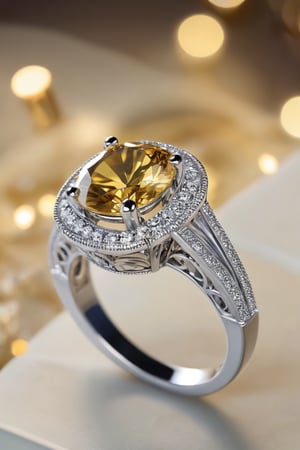 Imagine the following scene:

a yellow diamond ring with intricate gold and silver adornment and has many details that adorn and embellish the ring, sparkle, glow blur background, decorated placement

(photorealistic), masterpiece: 1.5, beautiful lighting, best quality, beautiful lighting, realistic and natural image, intricate details, everything in focus, perfect focus, photography, masterpiece, small nuances, Supreme Resolution, 32K, ultra-sharp quality and details.