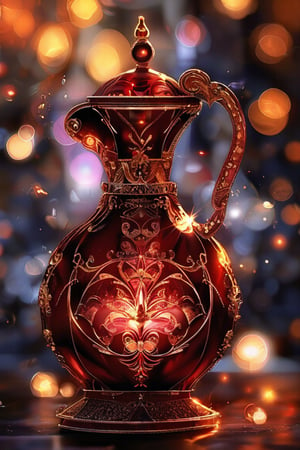 a burgundy potion with intricate gold adornment, sparkle, glow blur background, decorated placement
