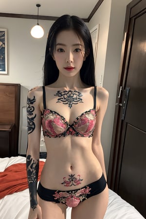 tattoo, 1girls, dragontattoo, modelpose, realistic, body_tattoo, background_bedroom, 8k, colorful, underwear, yakuza_tattoo, tatoo, irenelorashy