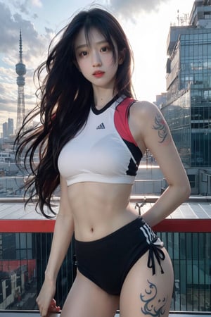 tattoo, 1girls, dragontattoo, modelpose, realistic, sports, sportswear, sportswear, korean, bodytattoo, background_city, longhair, 8k, perfect, colorfull, Korea