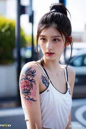 tattoo, 1girls, dragontattoo, modelpose, realistic, body_tattoo, background_city, sportswear, 8k, colorful, yakuza_tattoo, tatoo, 
street, city, gaeullorashy