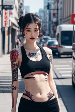 tattoo, 1girls, dragontattoo, modelpose, realistic, body_tattoo, background_city, sportswear, sportwear, 8k, colorful, yakuza_tattoo, tatoo, jooelorashy, jooelorashy, city, street