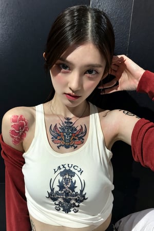tattoo, 1girls, dragontattoo, modelpose, realistic, body_tattoo, background_city, sportswear, 8k, colorful, yakuza_tattoo, tatoo, 
street, city, gaeullorashy
