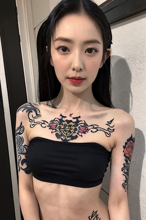 tattoo, 1girls, dragontattoo, modelpose, realistic, body_tattoo, background_bedroom, 8k, colorful, underwear, yakuza_tattoo, tatoo, irenelorashy