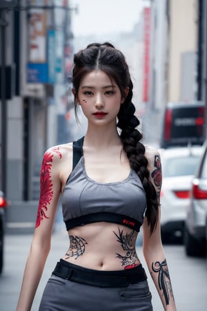 tattoo, 1girls, dragontattoo, modelpose, realistic, body_tattoo, background_city, sportswear, sportwear, 8k, colorful, yakuza_tattoo, tatoo, jooelorashy, jooelorashy, city, street