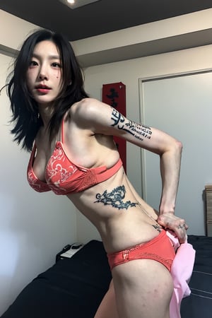 tattoo, 1girls, dragontattoo, modelpose, realistic, body_tattoo, background_room, 8k, colorful, underwear, yakuza_tattoo, tatoo, taeyeonlorashy, room_space, room, bedroom