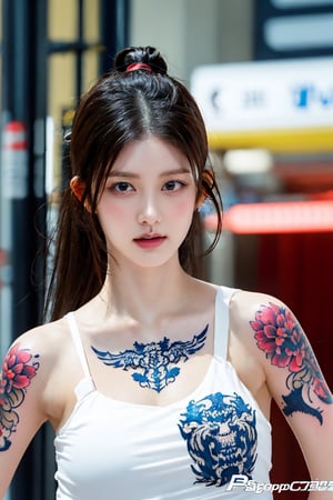 tattoo, 1girls, dragontattoo, modelpose, realistic, body_tattoo, background_city, sportswear, 8k, colorful, yakuza_tattoo, tatoo, 
street, city, gaeullorashy