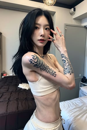 tattoo, 1girls, dragontattoo, modelpose, realistic, body_tattoo, background_room, 8k, colorful, underwear, yakuza_tattoo, tatoo, taeyeonlorashy, room_space, room, bedroom
